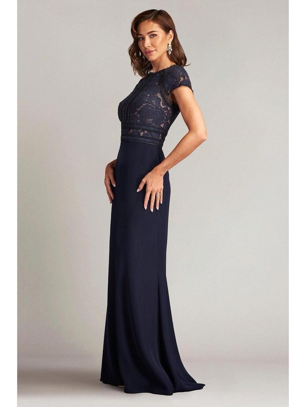 Tadashi Shoji Navy Lace-Top Floor-Length Gown with Cap Sleeves - Picture 4 of 13